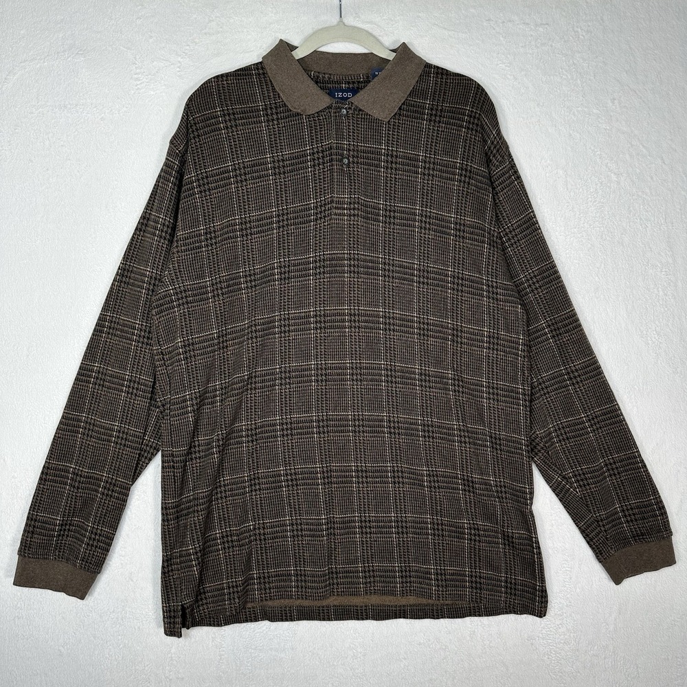 Vtg IZOD Long Sleeve Polo L Brown Plaid 100% Cotton Grandparentcore Old Money